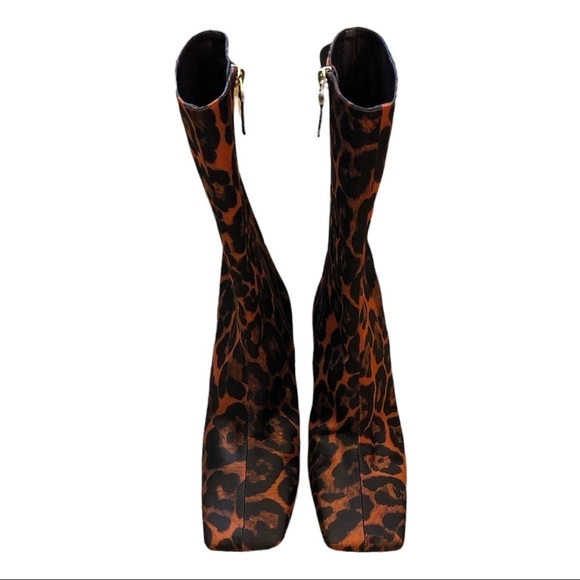 The Saddler | NWOB Mid Calf Red Leopard Print Satin Square Toe Boot - Size IT37 - Picture 3 of 8